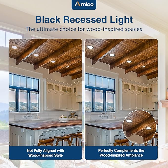 Amico 20 Pack 6 Inch LED Recessed Light with Junction Box, 5CCT, 1050LM | 12W, 2700K-5000K, 5%-100% Dimmable, 120V, Black, Metal Housing, Ultra-Thin Canless Wafer Downlight, ETL, FCC, IC & Damp Rated