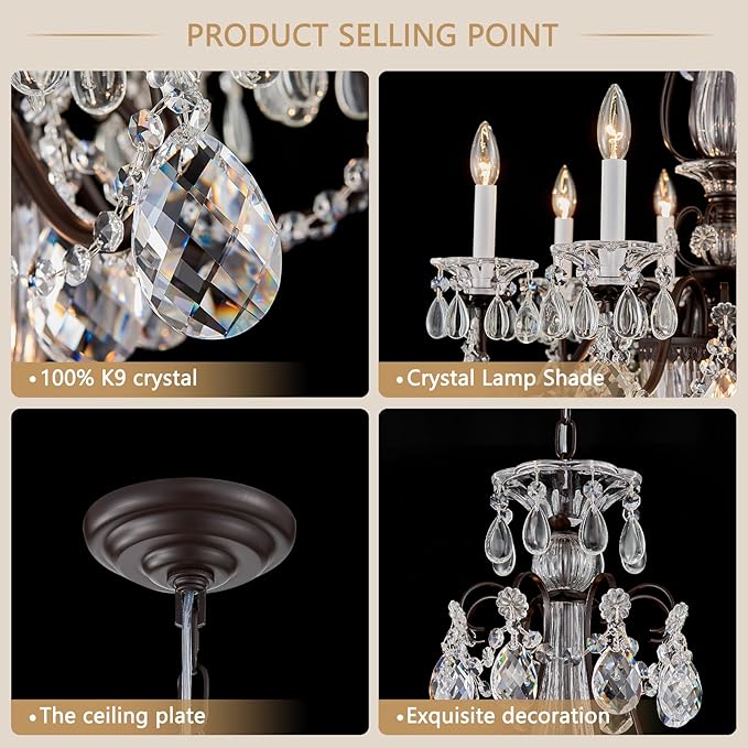 Vintage Crystal Chandeliers for Dining Room, 8-Light Brown Classic Candle Chandelier Pendant Ceiling Light Fixture for Living Room Bedroom Kitchen Foyer Hallway Staircase 30.3" H x 26.8" D