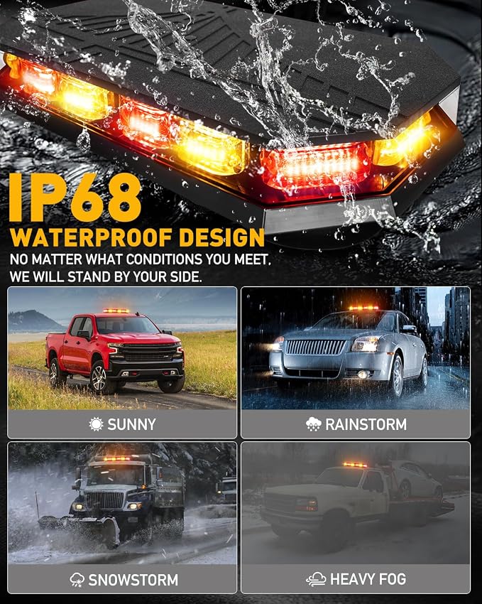 HLauto 406D Rooftop Emergency Strobe Lights Bar, 102 LED Amber Red Mini Beacon Safety Flashing Warning Traffic Lights Bar w/Magnetic Base for 12-24V Trucks, Construction Vehicles, Snowplow, Cars