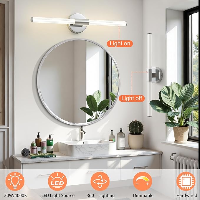 Bathroom Vanity Lights Chrome Dimmable LED 360° Full Lighting Bathroom Light Fixtures Over Mirror 23 inch Vanity Light Bar Hardwired Modern Wall Sconce 4000K Light for Bedroom Living Room