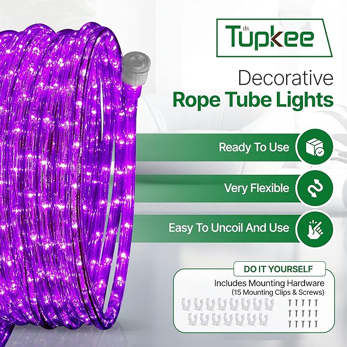 Tupkee LED Rope Light Purple - for Indoor and Outdoor use, 24 Feet (7.3 m) - 10MM Diameter - 144 LED Long Life Bulbs Rope Tube Lights