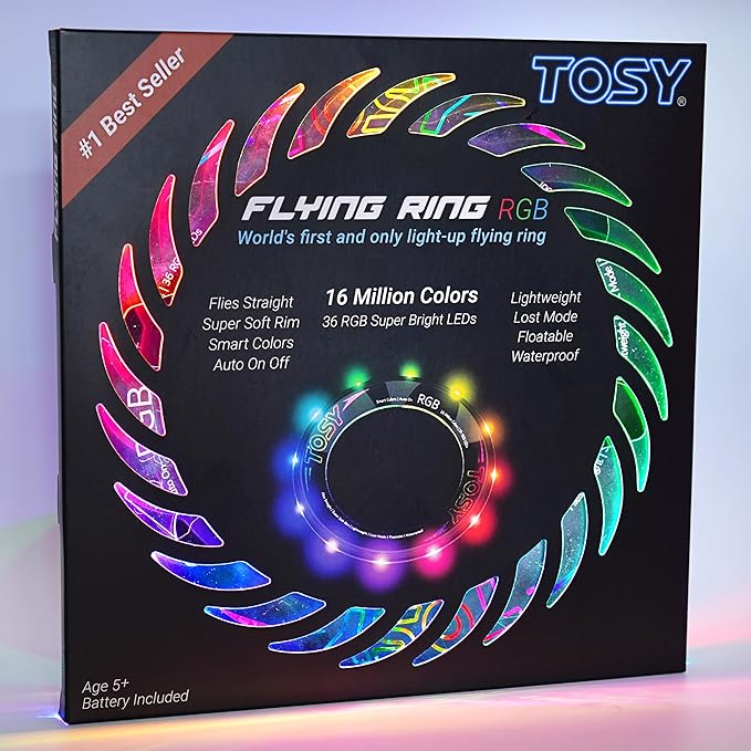 TOSY Flying Ring - 36 RGB Multicolor or 12 Monocolor LEDs, Super Bright, Lost Mode, Auto Light Up, Easter Basket Stuffers Gift for Kid/Teen/Boy/Girl, Safe, Waterproof, Pool/Beach/Camping Toy