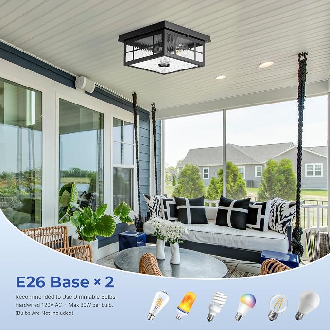 VIANIS Motion Sensor Exterior Ceiling Lighting Fixtures for Porch with Remote, 11'' Square Black Modern Outdoor Flush Mount Ceiling Light for House, 5 Modes Adjustable Distance Time Water Ripple Glass