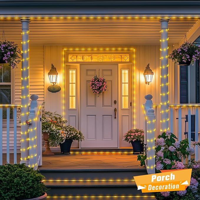 JMEXSUSS 100 LED 33ft Solar Rope Lights Outdoor Waterproof | Warm White, IP65 Waterproof, Trampoline Lights with 8 Modes, for Camping Tent Road Fence Christmas Porch Decor