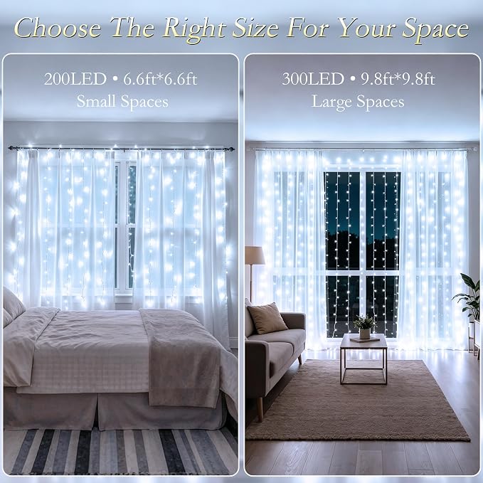 Curtain String Lights Indoor, 200LED 6.6 * 6.6FT USB Plug-in Window Curtain Lights with Timer and 8 Modes, Waterproof Cool White Curtain Fairy Lights for Bedroom Room Wedding Outdoor Decor