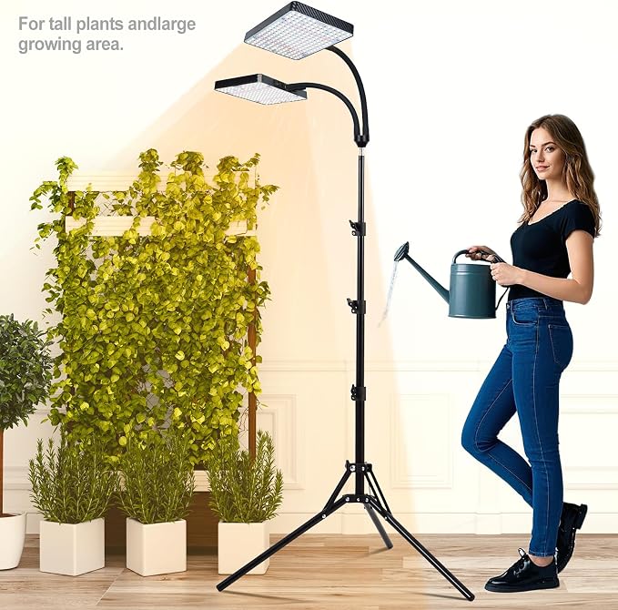 2Head Grow Light with Stand, 50 Watt Grow Lights for Indoor Plants, Natural Sunlight Full Spectrum Plant Growing Lamps for Tall Houseplants & Bonsai Tree, 4/8/12/16/20H 5-Mode Timer