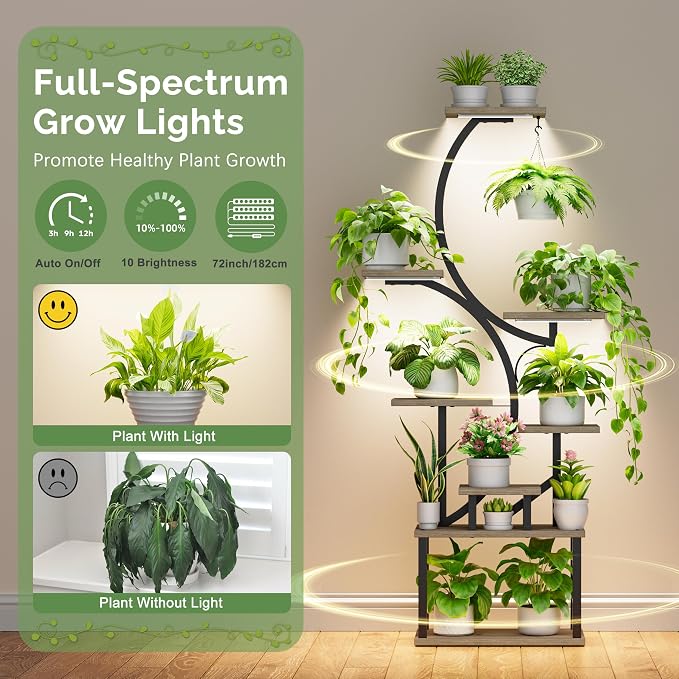BACEKOLL Plant Stand Indoor with Grow Light, 8 Tier Corner Plant Shelf Tall | 62" Lighted Flower Holder for Plant Multiple, Space-Saving Beautiful Display Growing Rack for Home Patio, Sturdy Metal, Grey