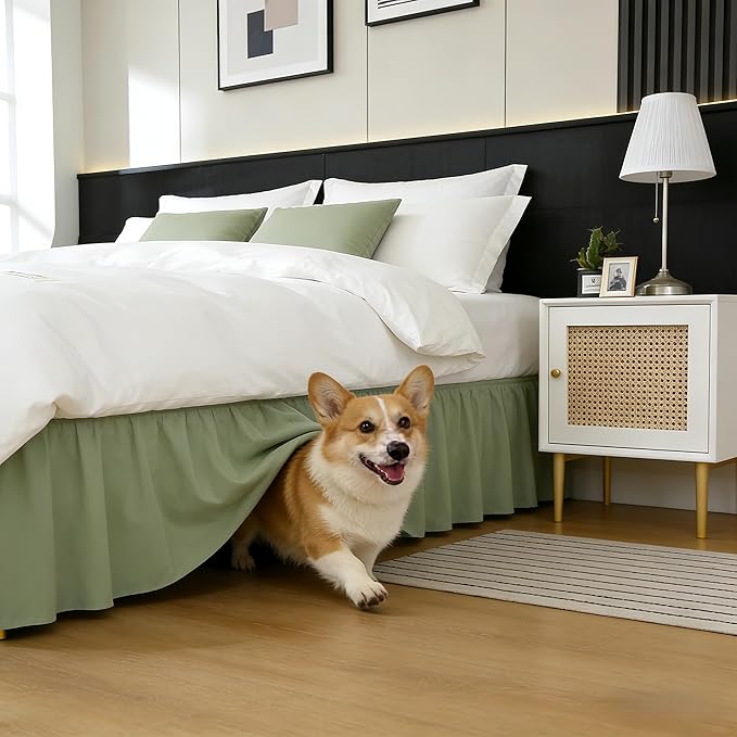 RIMELA Sage Green Bed Skirt Full Size 15 Inch Drop, Elastic Bed Skirting for Bed Base and Frame, Bedding Dust Ruffle Easy to Install, Wrap Around Adjustable Bedskirt