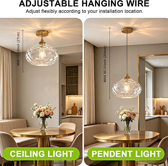 11in Gold Pendant Lights Kitchen Island with Hammered Clear Glass Shade 1PC | Handcrafted Glass Pendant Light Fixtures, UL Certified, E26 Base 100W Max, Height-Adjustable, Dimmable Hanging Pendant Light