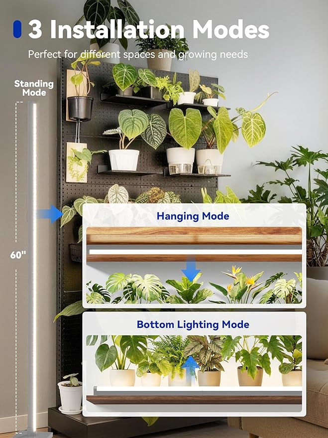 Vertical Grow Light for Indoor Plants, 60in LED Standing Lamp | 36W Full Spectrum Plant Lights with Auto Timer, 268 LEDs Dimming and 3 Light Modes for Wide Coverage Area in Indoor Gardens