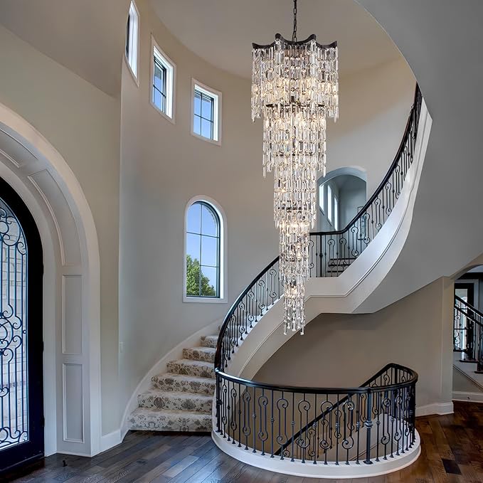 79" Long Crystal Chandelier for High Ceilings, 21-Light Modern Large Foyer Chandelier for Staircase Entryway Living Room, Luxury K9 Crystal Tiered Ceiling Light Fixture Black
