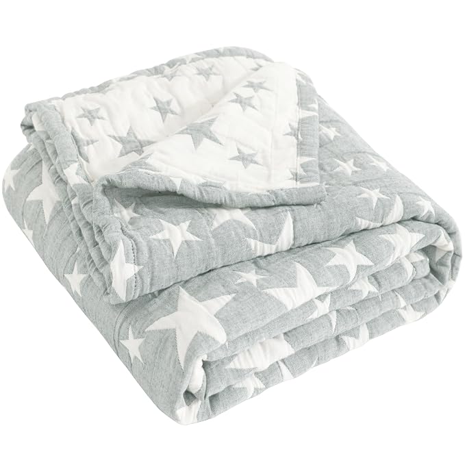 NTBAY 3 Layer Oversized Muslin Toddler Blanket, 45 x 60, Grey/White Star | Muslin Cotton Outer Layers with Light Thermal Fiber Fill, Reversible Blanket for Daycare, Travel, Naps, and Supervised Use