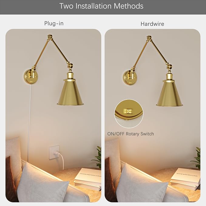 Plug in Wall Sconces Set of Two, Gold Swing Arm Wall Lamp with 6.6FT Plug-in Cord and Knob Switch, Metal Hardwired Wall Lights for Bedroom, Reading, Study Room, Office, Living Room (2 Pack)