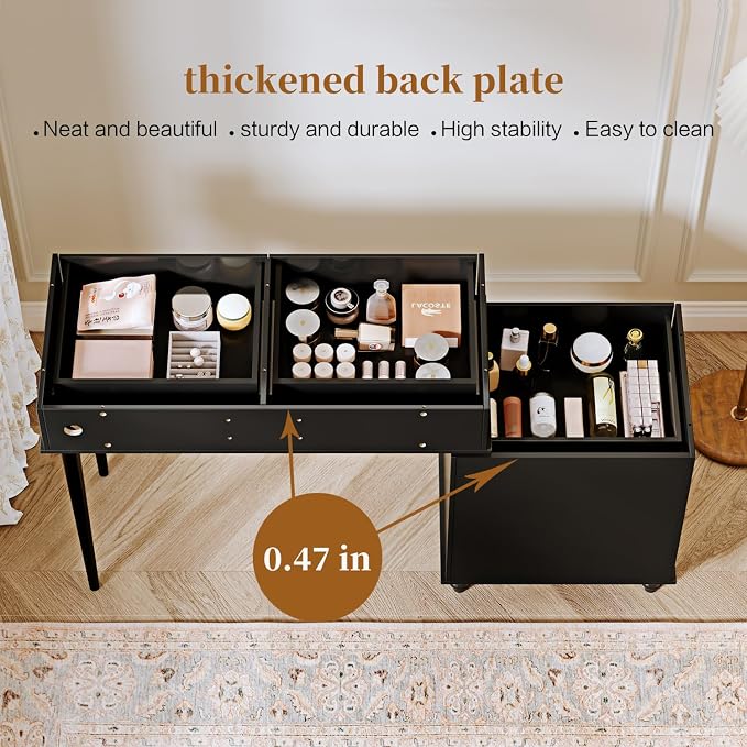 Ieejdn Dark,Vanity Desk with Mirror and Lights,Makeup Vanity with Power Outlet and Adjustable Cabinet,Modern Makeup Table with 3 Drawers for Bedroom Makeup Room