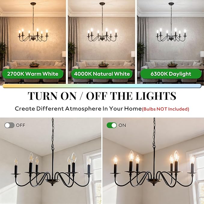 Rustic Farmhouse Candle Chandelier for Dining Room, 6-Light Rustic Black Iron Light Fixture with Classic S-Arm Design for Kitchen Island, Living Room, Foyer-Matte Black