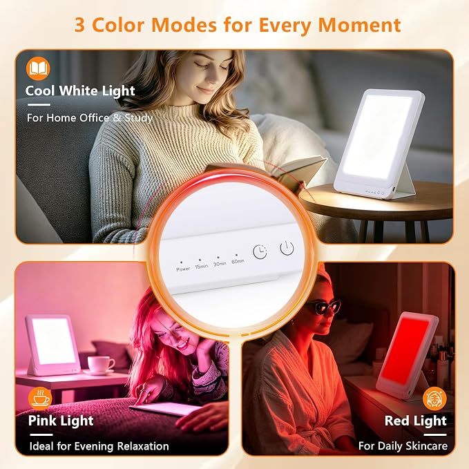 Light Therapy Lamp with Mirror, 10000 Lux UV-Free, 3 Color Modes (Cool/Red/Pink) with Stepless Dimming & Timer, for Home Office Relaxation and Skincare Support