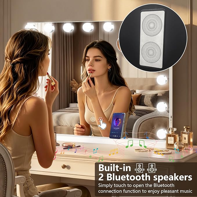 Moonee Vanity Mirror with Lights, Bluetooth Hollywood Lighted Makeup Mirror with 15 Dimmable Bulbs and 10X Magnification, 3 Colors Modes, Light Up Mirror, Gifts for Women, Girls（23" x 18"）