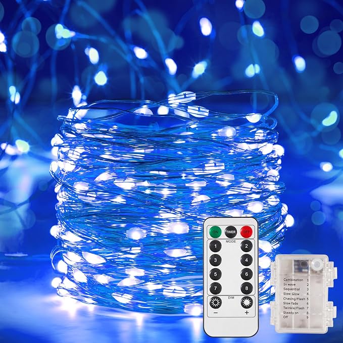Ariceleo 2 Pack 16.4 Ft. Battery Operated Outdoor String Lights with Remote & Timer, LED Blue Fairy Lights, Waterproof Twinkle Lights for Bedroom, Dorm, Mason Jar, Wedding, Party, Christmas