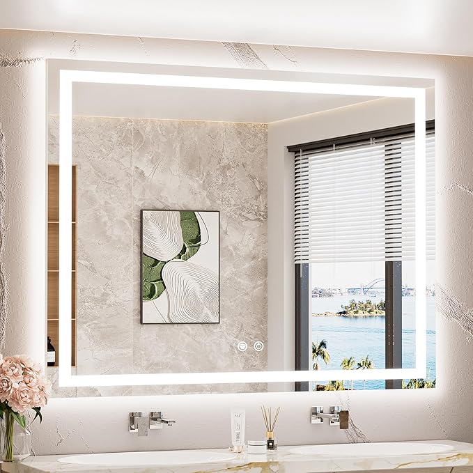 48 x 40 LED Lighted Bathroom Mirror with Lights, Brighter Led Vanity Mirror for Bathroom, Front and Backlit Illuminated Anti Fog Light up Mirror 3-Color Dimmable, Waterproof, Tempered Glass