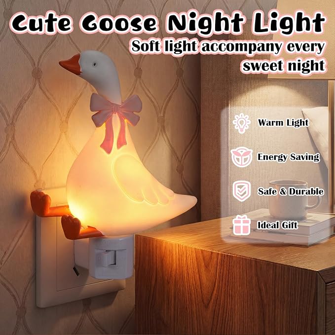 Gerrii Silly Goose Night Light Plug in Pink Bow Decorative LED Night Lights Dusk to DAW Cute Goose Decor for Nursery, Kids Bedroom, Bathroom, Birthday Gift Nightlight