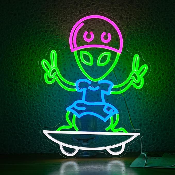 Skateboarding Aliens Neon Sign Aliens Led Neon Light for Wall Decor USB Cool Aliens Light Sign for Game Room Bedroom Man Cave Art Wall Decor(16.5”*12.6”)