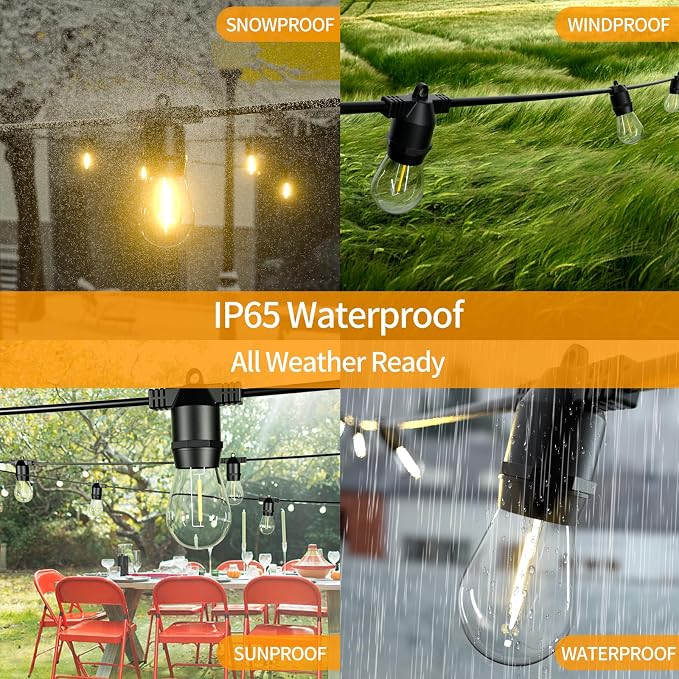 S14 LED Outdoor String Lights, IP65 Waterproof 48FT Outside Patio Lights, Edison Shatterproof Bulb Vintage Backyard Lights, Balcony, Deck, Garden Lights