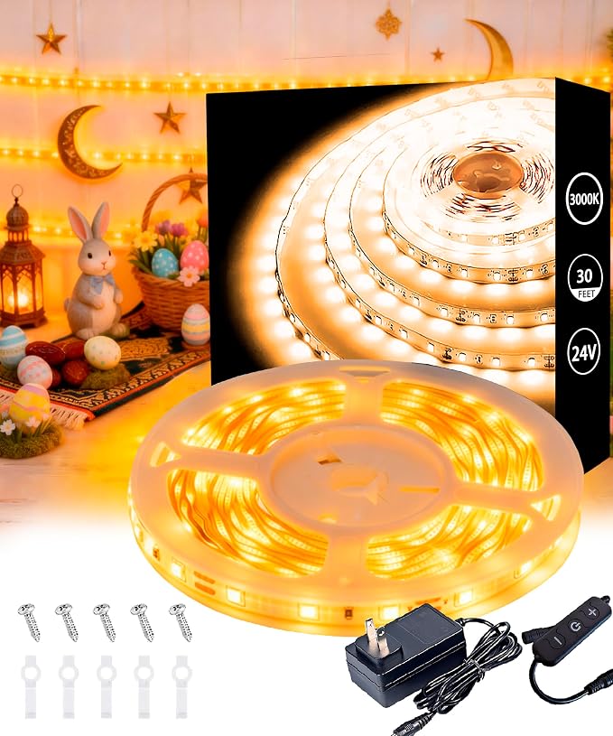 30 FT Warm White Led Lights Strip Rope Lights for Easter Ramadan Eid Mubarak Decorations Housewarming Party Indoor Decor Cuttable Strip Lights for Baby Room Bedroom Living Room Ceiling Wall