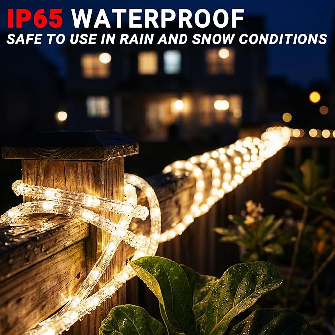 50ft Warm White Rope Lights, Connectable for Indoor & Outdoor,110V Flexible Tube Lights,Waterproof Clear LED Rope Lighting for Outside, Deck, Patio, Pool, Camping, Bedroom Decor,Landscape
