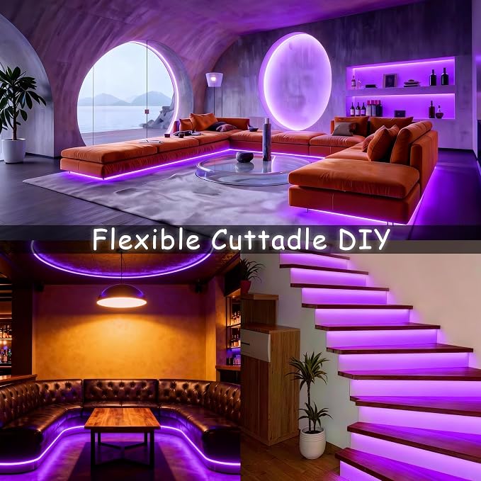 Purple Led Lights Strip for Bedroom Indoor Rope Lights Halloween Decor Easy DIY Cuttable Tape Lights for Room Bathroom Living Room Kitchen Ceiling Wall Vanity Mirror Decor
