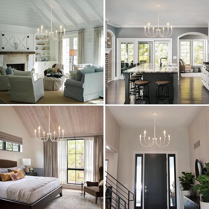 French Country Chandelier, 6-Light Antique White Farmhouse Chandelier for Dining Room Lighting Fixtures Hanging, Candle Hanging Pendant Lights for Kitchen Living Room Bedroom Foyer
