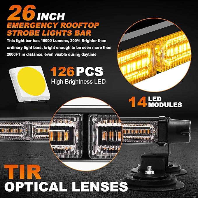 ASPL 26inch 126 LED Rooftop Emergency Strobe Lights Bar Double Side Flashing Safety Warning Traffic Advisor Light Bar Hazard Snow Plow Light for Work Trucks Vehicles Construction Tow Pickup(Amber)