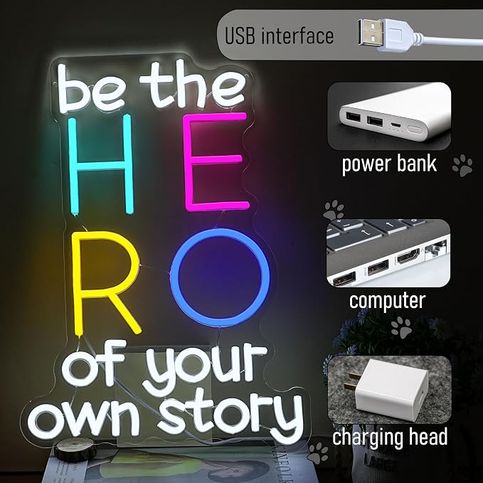 Be The Hero Of Your Own Story Neon Sign Dimmable Be The Hero Neon LED Light Empowering Letters Light LED Sign for Wall Decor Bedroom Classroom Library Shop(11.8 * 16.54In)