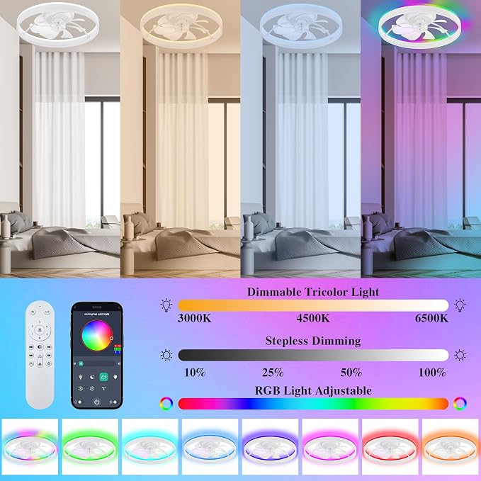 Smart Ceiling Fans with RGB Lights Remote - 20'' Flush Mount Low Profile Modern Ceiling Fans for Bedroom - Stepless Color Temperature and 6 Speeds