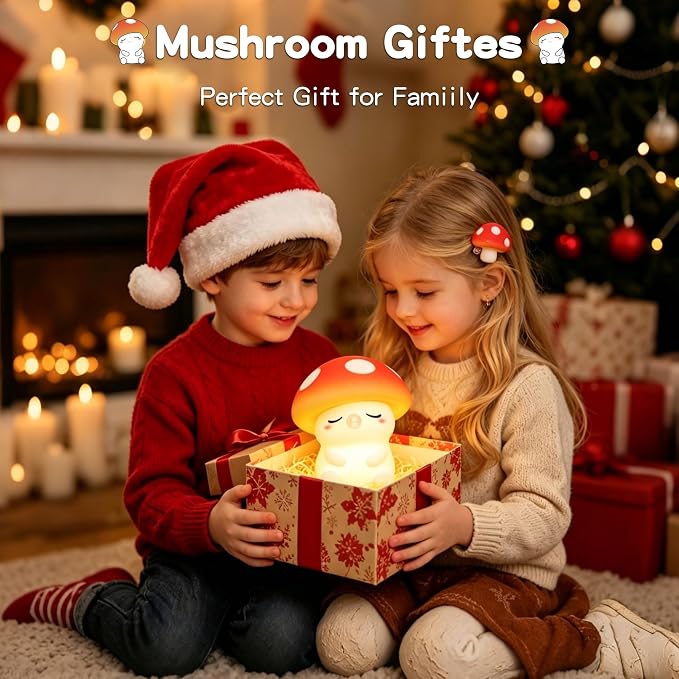 FAMIDUO Mushroom Night Light, Squishy Silicone Touch Bedside Nursery Lamp | Warm Glow, Safe BPA-free Silicone, 20-min Auto Sleep Timer, 2 Brightness,Kids Room Decor, Baby Shower Gifts for Girls Toddler