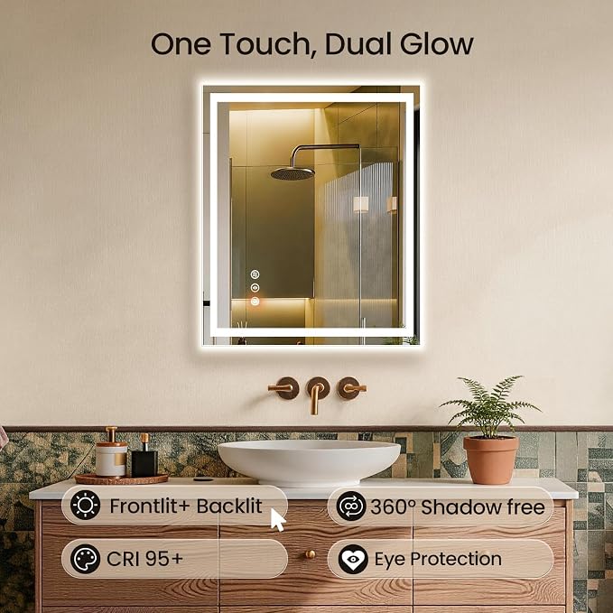 24x32 LED Bathroom Mirror with Anti-Fog, Backlit & Front Lit, Memory | Stepless Dimmable 3 Color CRI 95+ Shatterproof Tempered Glass ETL Listed for Safety Lighted Bathroom Vanity Mirror for Wall