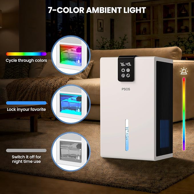 Dehumidifier, Dehumidifiers for Home, 98 OZ Water Tank, (1000 sq.ft) Quiet Dehumidifier for Basement Bathroom Bedroom with Humidity Display, Auto Shut Off, Relaxing 7 Color Ambient Light(White)