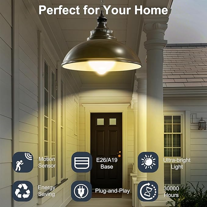 Motion Sensor Light Bulbs, 12W Motion Activated Dusk to Dawn Outdoor Light Bulb (100Watt Equivalent) A19 E26 3000K Warm White for Outdoor Indoor Front Door Porch Garage Basement Hallway, 3 Pack