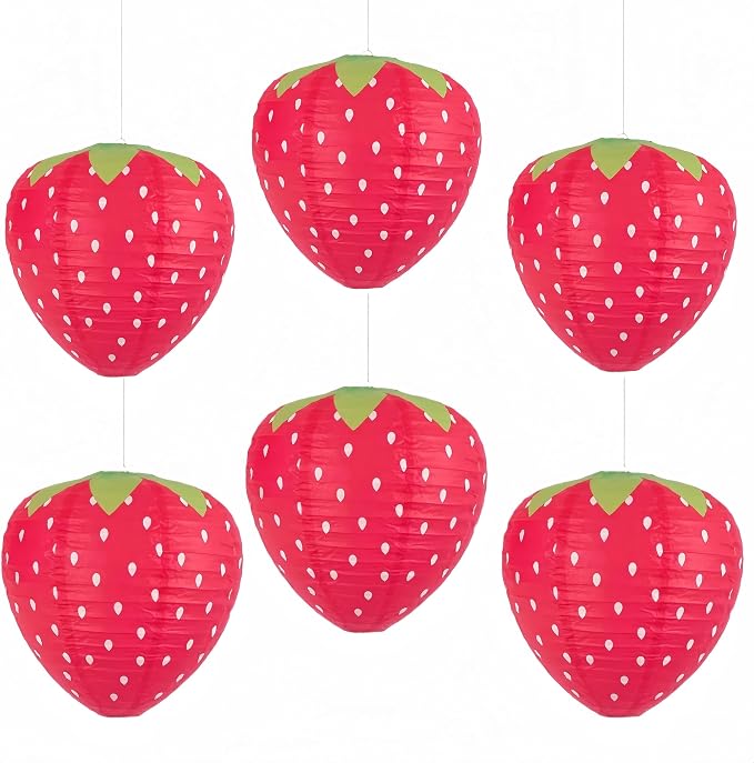 6PCS Strawberry Paper Lanterns, Strawberry Hanging Paper Lantern Decorations Strawberry Decoration Hanging for Room Birthday Party Wedding Garden Decor - 8 Inch, Red