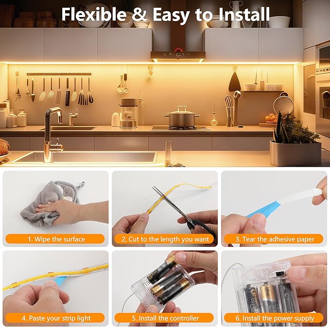 Battery Powered COB LED Strip Lights,3.28ft*2pack Warm White LED Light Strip for Dorm Room, Under Bed, Shelves, TV Backlight, Closet, Small Cuttable Tape Lights, Small Battery LED Lights for TV