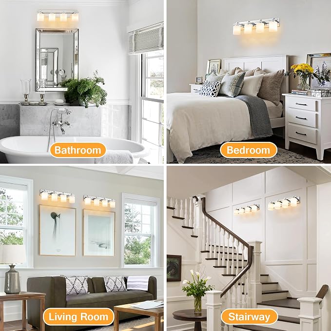 Modern Bathroom Light Fixtures Over Mirror, Vanity Lights for Bathroom Wall Sconces with Milky White Glass Shades, E26 Socket (Bulbs Not Included), 4 Light, Chrome