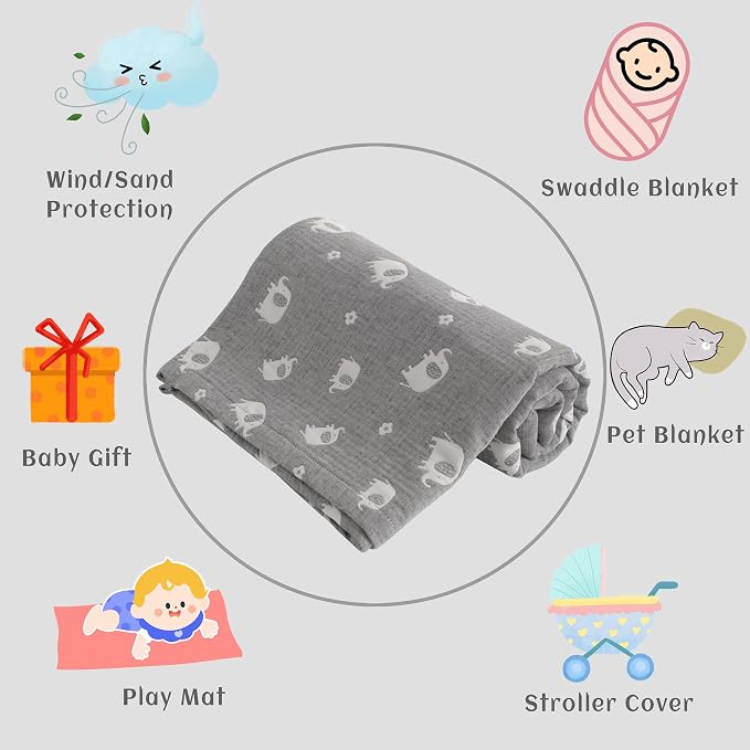 NTBAY 3 Layer Muslin Toddler Blanket, 30 x 40, Dark Grey Elephant | Breathable Muslin Cotton Outer Layers with Light Thermal Fill, Reversible for Stroller, Daycare, Travel, and Supervised Use
