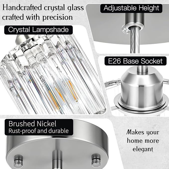 3 Pack Pendant Lights Kitchen Island Brushed Nickel Pendant Light | Crystal Pendant Light, Easy Install, Adjustable Height, E26 Base, for Kitchen Island, Dining Table, Entryway, Restaurant
