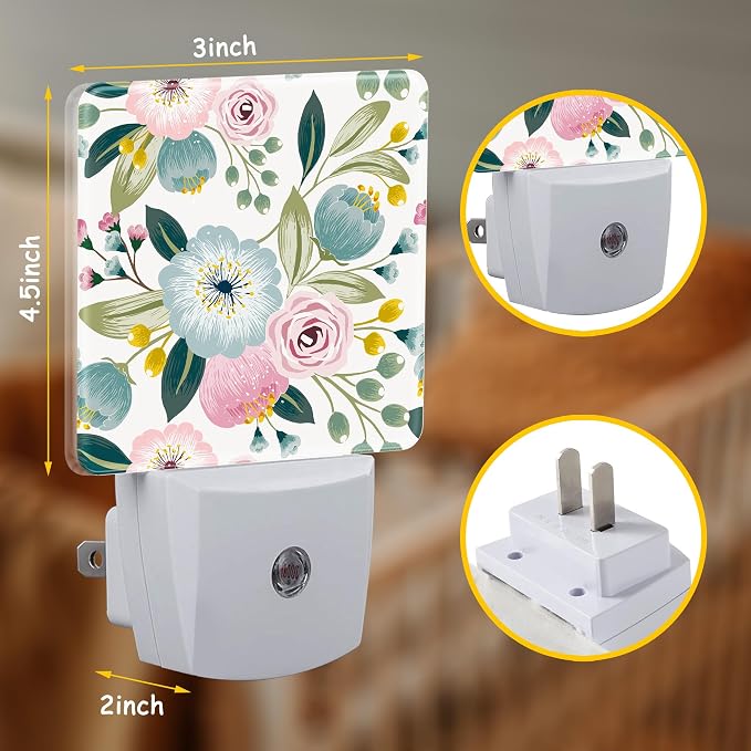 Spring Flowers Night Light,Pink Green Floral Plug-in Night Light Auto Dusk-to-Dawn Sensor Energy Efficient LED Lamp for Room Decor,Hallway,Kitchen,Bathroom,Nursery,Stairs