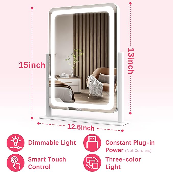 ROLOVE Vanity Mirror with Lights, 12.6"x15" LED Makeup Mirror with Lights, Smart Touch Control 3 Color Dimmable, Lighted Desk Mirror for Bedroom, Light Up Mirror