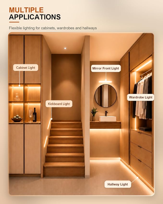 4 Pack 10 Inch Wireless Under Cabinet Lighting, 3 Color Motion Sensor Light | Rechargeable Closet Light with 68 LEDs, 6-Level Dimming and Magnetic Mounting for Kitchen Counters, Stairs and Bedrooms