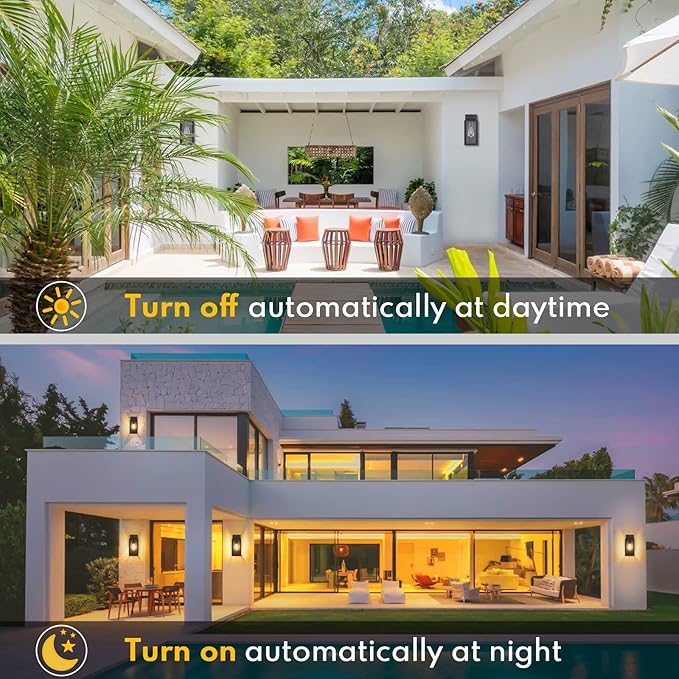 2-Pack Dusk to Dawn Outdoor Wall Lights, Black Exterior Sconces | Auto ON/OFF, Waterproof, Rust-Resistant, Durable Metal with Clear Glass, Standard E26 Socket, Easy to Install