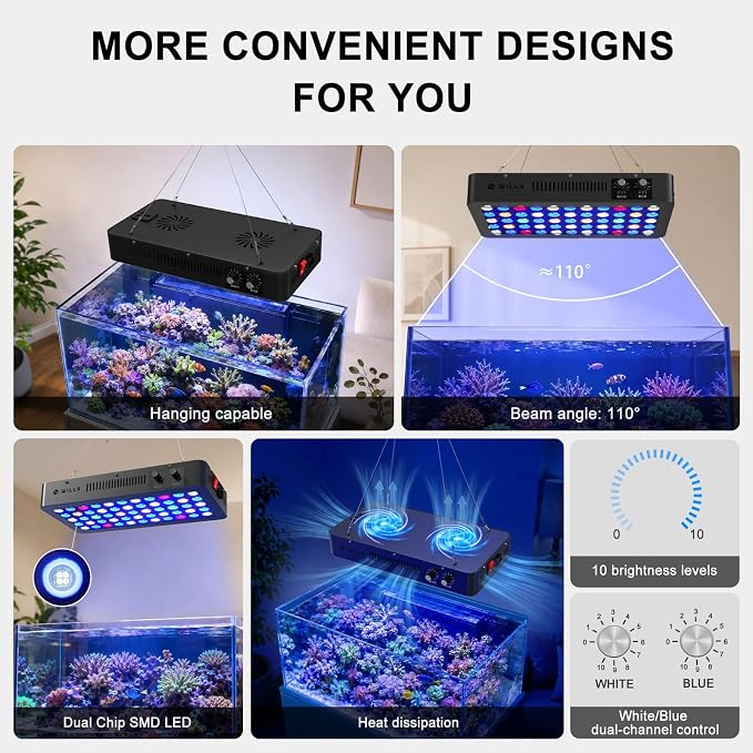 Wills Aquarium Light, 100W Full Spectrum LED Reef Lights, 16"x8"x2.4" | Coral Saltwater Fish Tank, Blue/White Dual Dimmable Channels, 55 Premium SMD LEDs, Daisy Chain Design, Hanging Kit