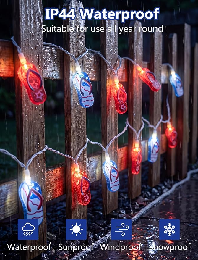8.5Ft Tropical Beach Slipper String Lights, 4th of July American Flag | Plug in,10 LED Bulbs, Independence Day Decoration Flip Flop Lights for Patriotic Party Festival National Day, White Wir