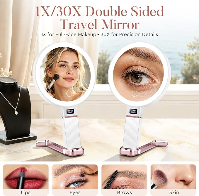 MIYADIVA Travel Makeup Mirror with Lights, Height Adjustable 30X/1X Double-Sided Magnifying Mirror, Portable Foldable Vanity Mirror with Digital Display & Phone Holder, Handheld Tabletop Hanging
