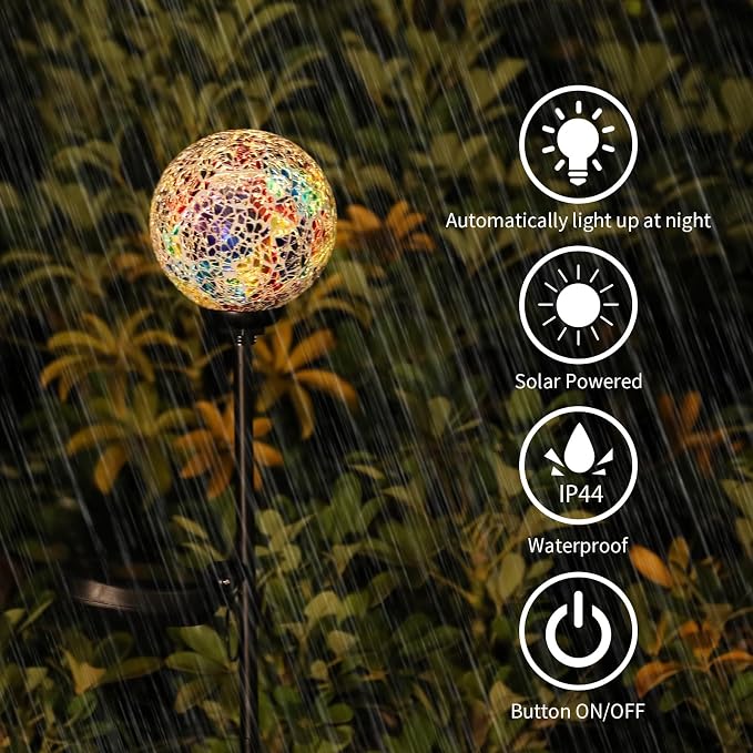 VCUTEKA Decorative Solar Garden Lights, 3.5" Mosaic Globe Outdoor Stake | Mosaic Glass Globe Design, Solar LED Light, Waterproof Design, Auto On/Off and Metal Stake Design for Lawn and Patio